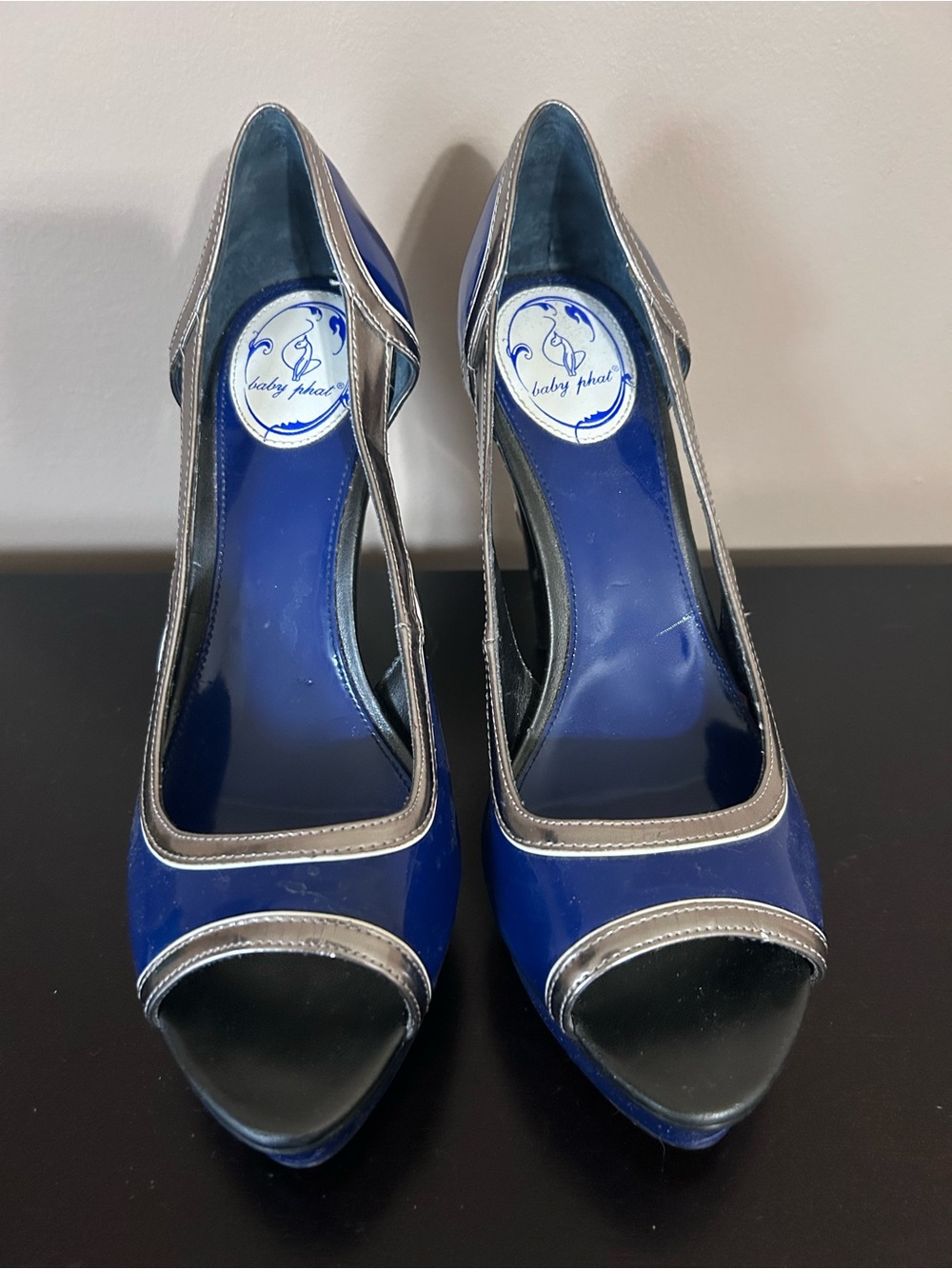 Baby Phat Peep Toe Platform Heels | Blue & Silver